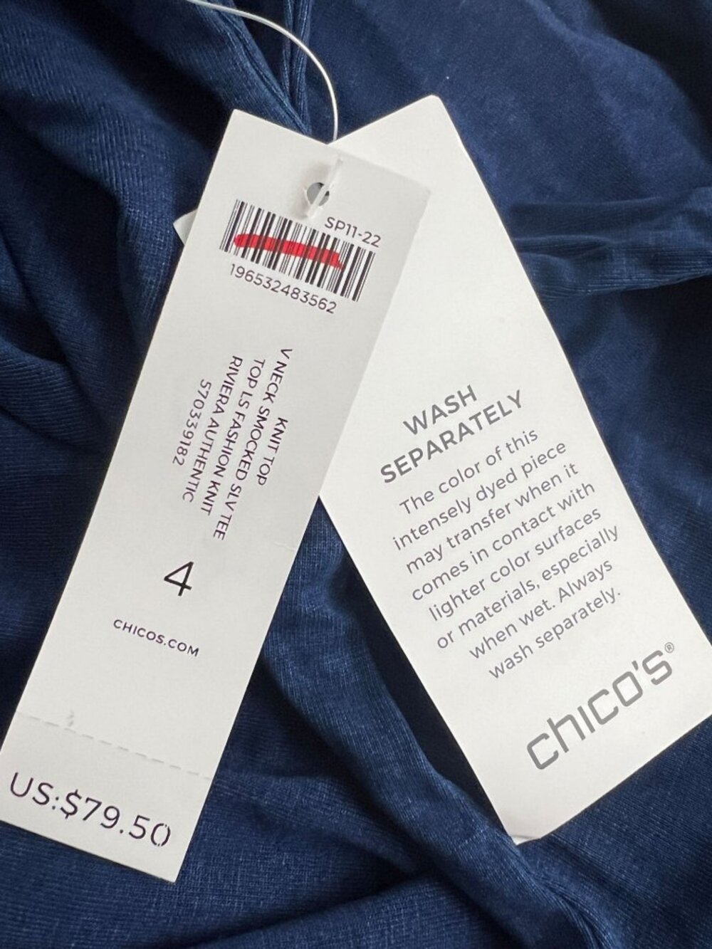 Chico's V Neck Smocked Sleeve Tee Blue Riviera Size 4 (XXL) NWT - Picture 7 of 7